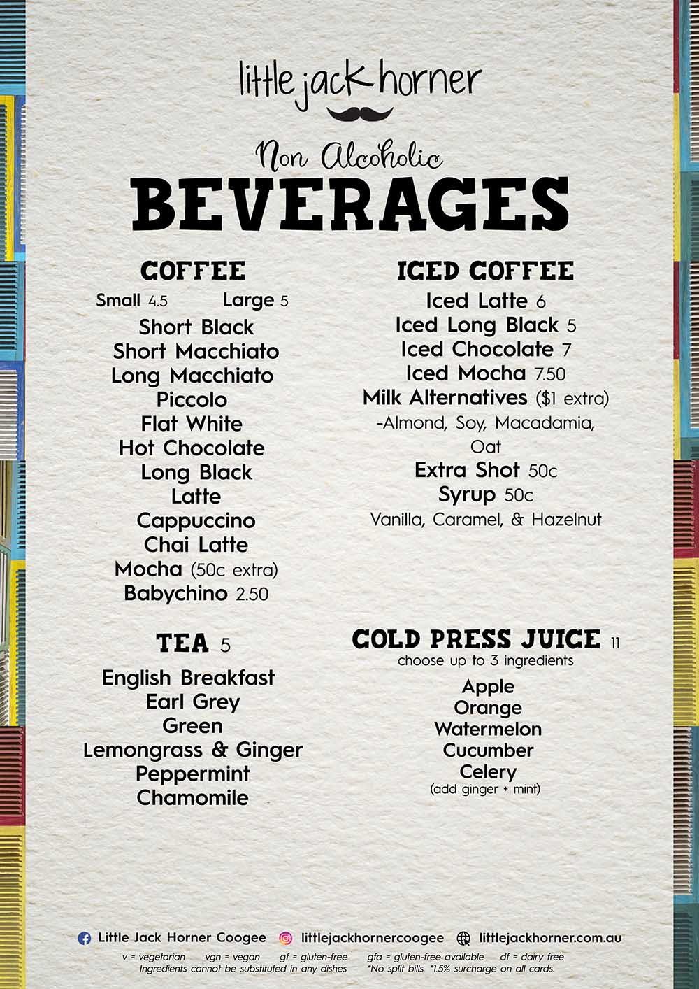 Beverages coffee and cold press juices